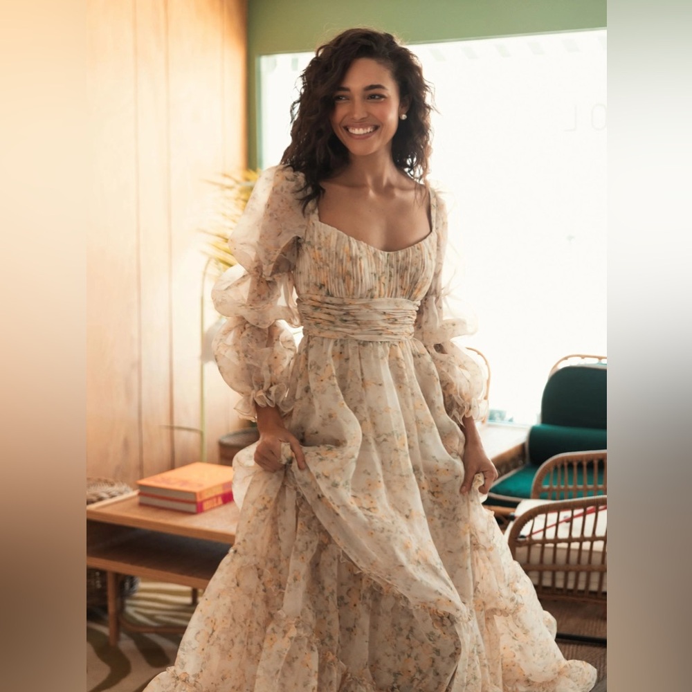 MAC DUGGAL Multicolor Sweetheart Balloon Sleeve Chiffon Tiered Gown